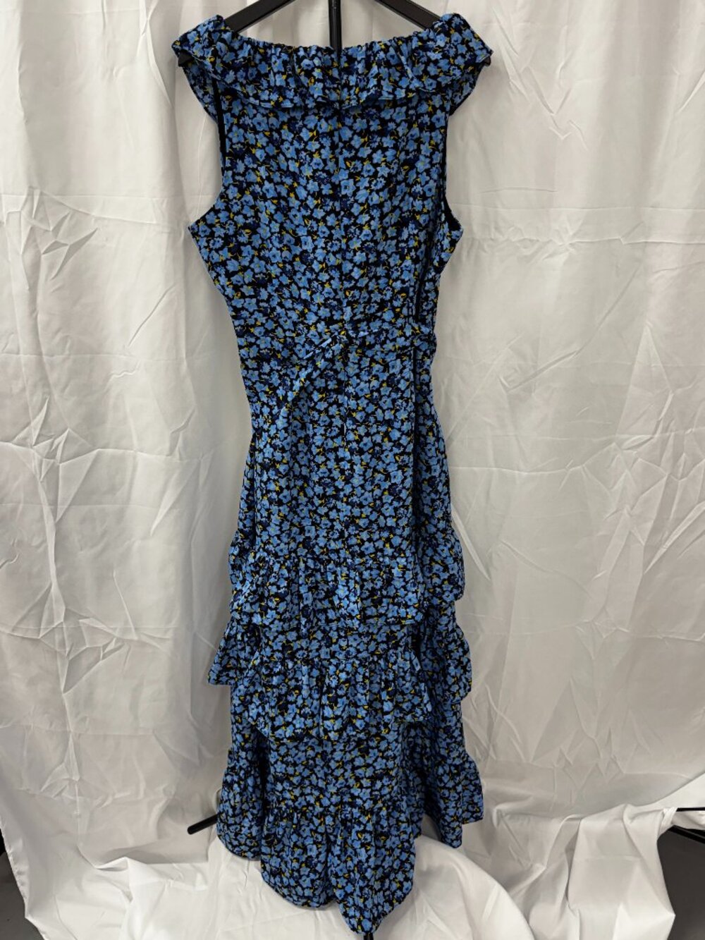 Likely Morrell Ruffled Floral Asymmetric Midi Dress Blue White Yellow Sz 6 - Picture 6 of 16